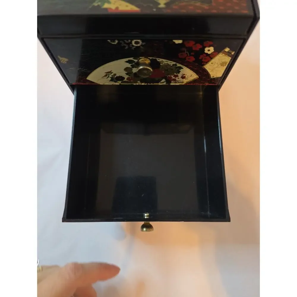 Vtg Otagiri Original Lacquerware Black W Fans Flowers 3 Drawer Jewelry Box